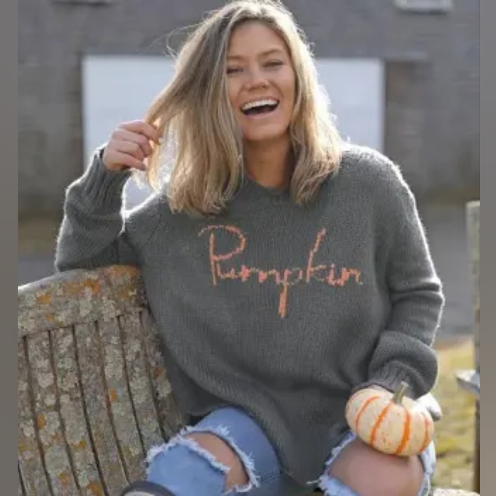 Wooden Ships Charcoal Sweater with Orange 'Pumpkin' Script